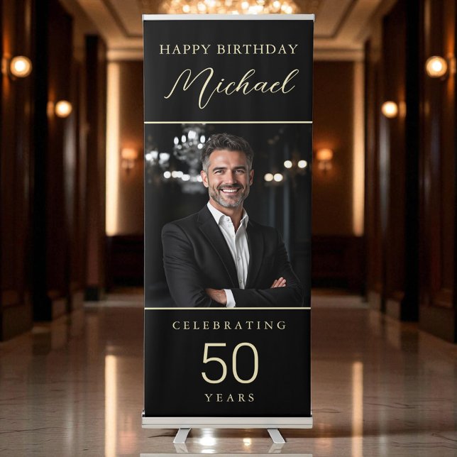 Elegant Black & Gold 50th Birthday Party Retractable Banner (Creator Uploaded)
