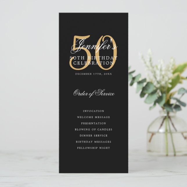 Elegant Black Gold 50th Birthday Program w/ Menu (Standing Front)