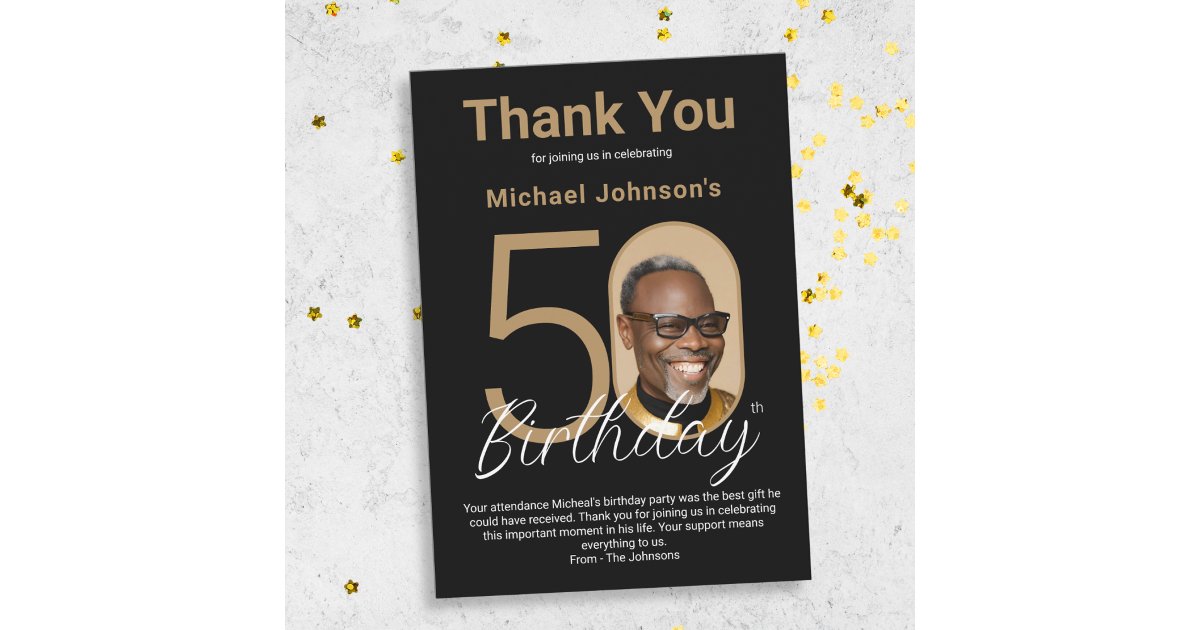 Elegant Black Gold 50th Birthday Thank You Card | Zazzle