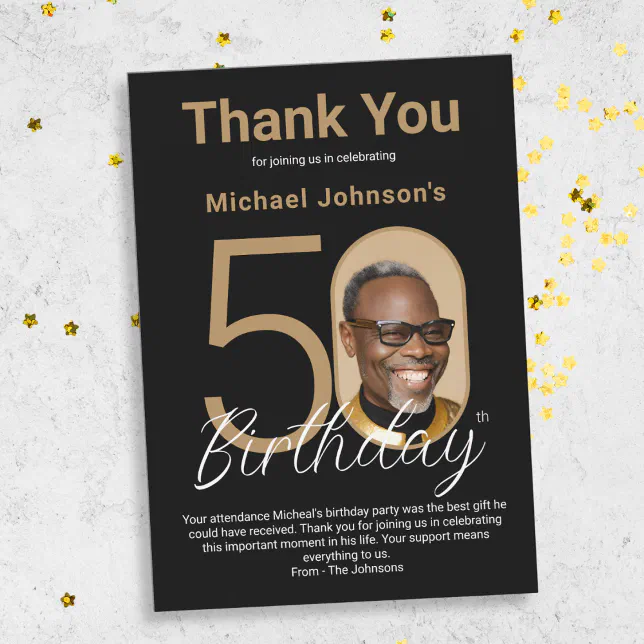 Elegant Black Gold 50th Birthday Thank You Card | Zazzle