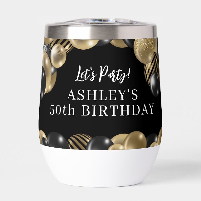 Elegant Black Gold 50th Birthday Thermal Wine Tumbler (Front)