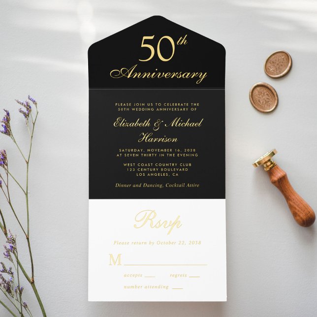 Elegant Black Gold 50th Wedding Anniversary All In One Invitation (Creator Uploaded)