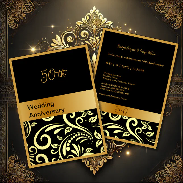 elegant black gold 50th wedding anniversary card | Zazzle