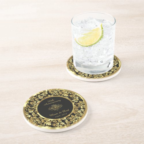 Elegant Black  Gold 50th Wedding Anniversary Coaster