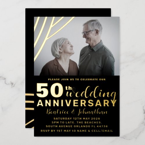 Elegant Black  Gold 50th Wedding Anniversary Foil Invitation