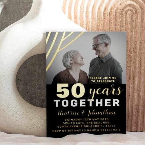 Elegant Black  Gold 50th Wedding Anniversary Foil Invitation