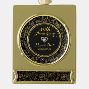 Elegant Black & Gold 50th Wedding Anniversary Gold Plated Banner Ornament