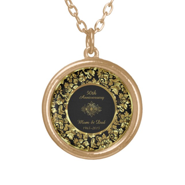Elegant Black & Gold 50th Wedding Anniversary Gold Plated Necklace (Front)