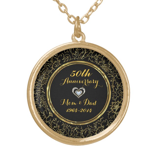 Elegant Black & Gold 50th Wedding Anniversary Gold Plated Necklace (Front)