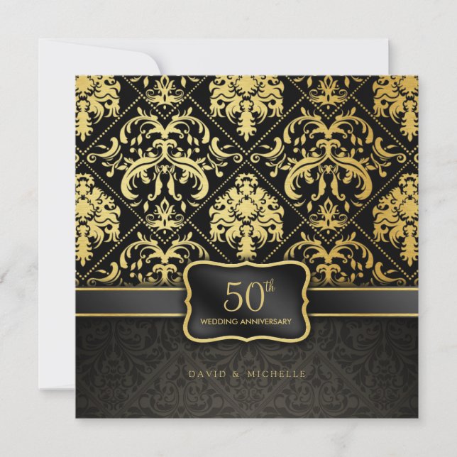 Elegant Black & Gold 50th Wedding Anniversary Invitation (Front)