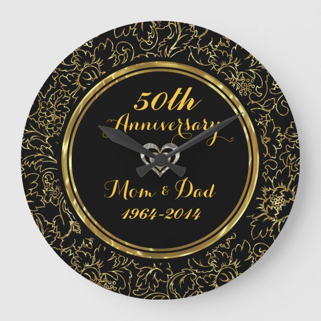 Elegant Black & Gold 50th Wedding Anniversary Large Clock (Front)