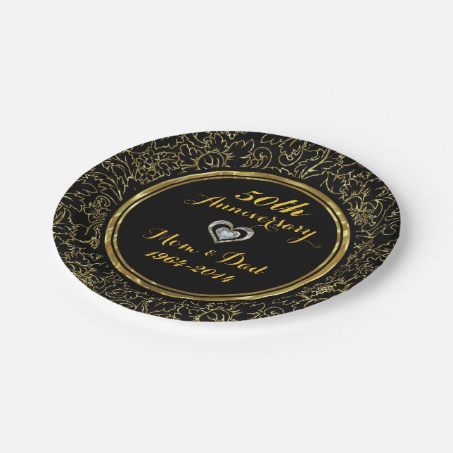 Elegant Black & Gold 50th Wedding Anniversary Paper Plates (Angled)