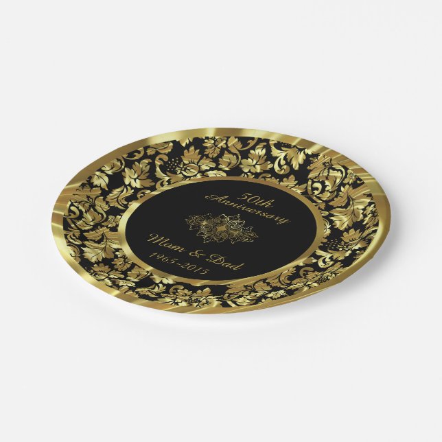 Elegant Black & Gold 50th Wedding Anniversary Paper Plates (Angled)