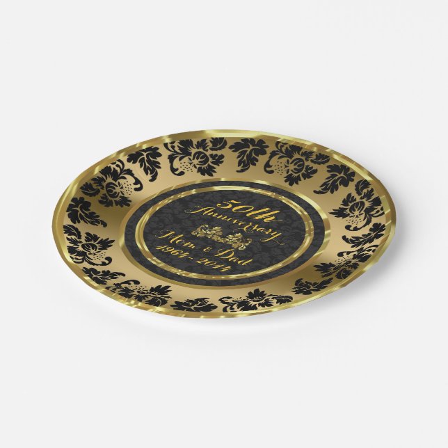 Elegant Black & Gold 50th Wedding Anniversary Paper Plates (Angled)