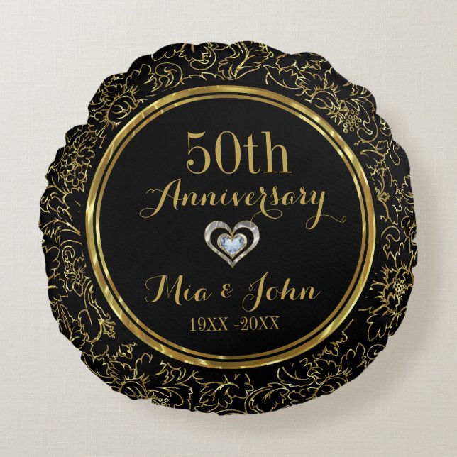 Elegant Black & Gold 50th Wedding Anniversary Round Pillow (Front)