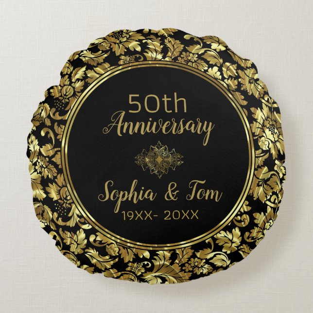 Elegant Black & Gold 50th Wedding Anniversary Round Pillow (Front)