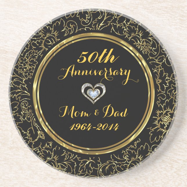 Elegant Black & Gold 50th Wedding Anniversary Sandstone Coaster (Front)