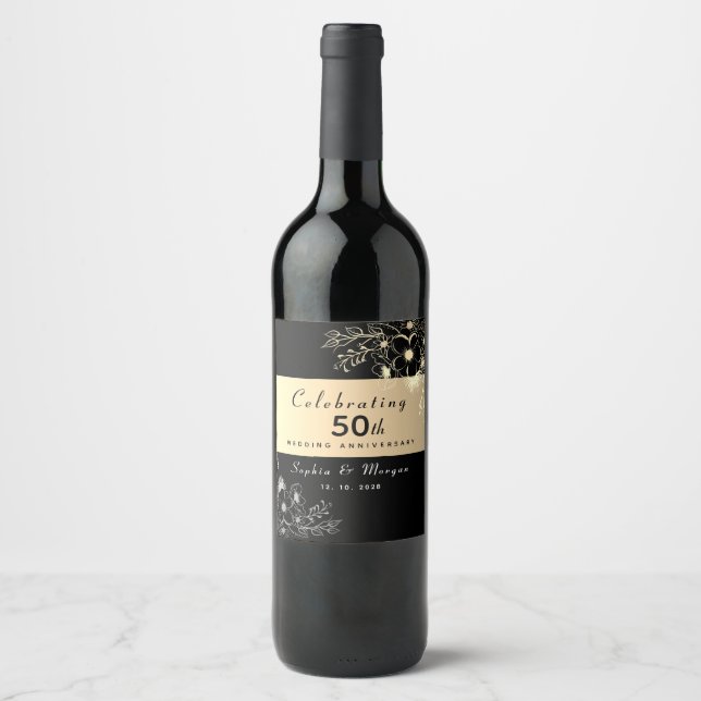 Elegant Black Gold 50th Wedding Anniversary Wine Label (Front)