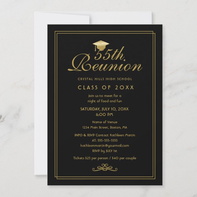 Elegant Black Gold 55th Class Reunion Invitation (Front)