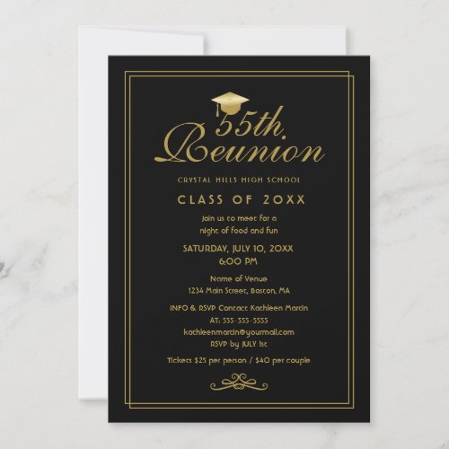 Elegant Black Gold 55th Class Reunion Invitation