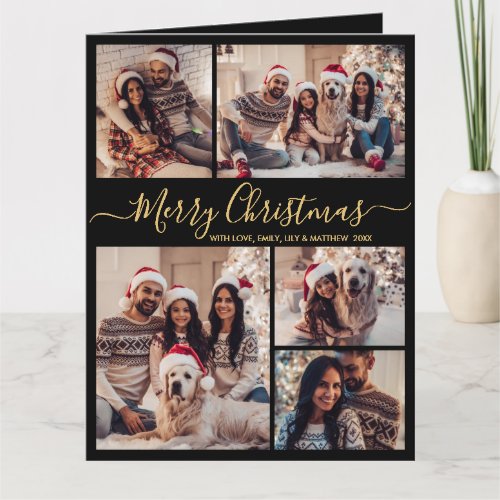 Elegant Black Gold 5 Photo Collage Christmas Card