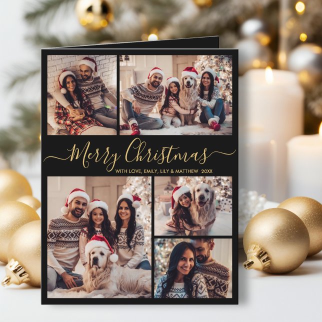 Elegant Black Gold 5 Photo Collage Christmas Card (Creator Uploaded)