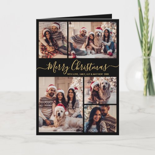 Elegant Black Gold 5 Photo Collage Christmas Card