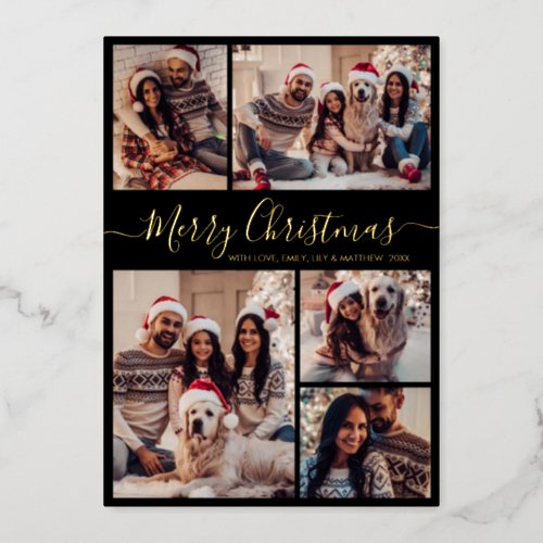 Elegant Black Gold 5 Photo Collage Christmas  Foil Holiday Card