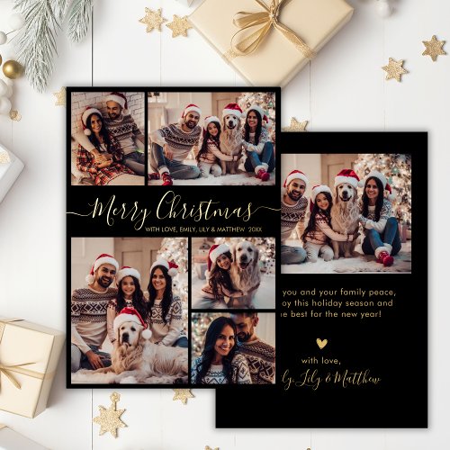 Elegant Black Gold 5 Photo Collage Christmas  Foil Holiday Card