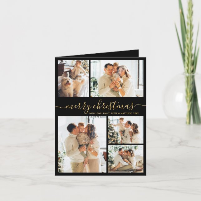 Elegant Black Gold 5 Photo Collage Christmas  Holiday Card (Front)