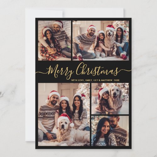 Elegant Black Gold 5 Photo Collage Christmas  Holiday Card