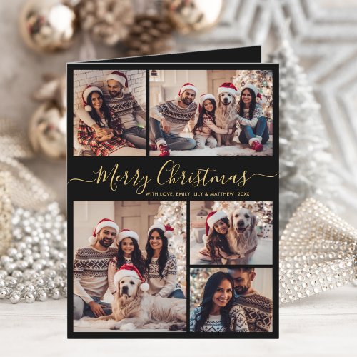 Elegant Black Gold 5 Photo Collage Christmas  Holiday Card