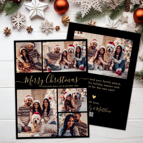 Elegant Black Gold 5 Photo Collage Christmas  Holiday Card
