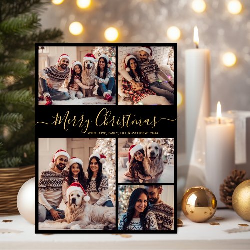 Elegant Black Gold 5 Photo Collage Christmas  Holiday Card