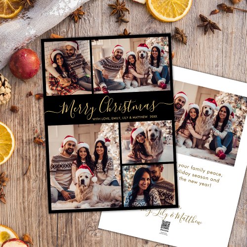 Elegant Black Gold 5 Photo Collage Christmas  Holiday Card