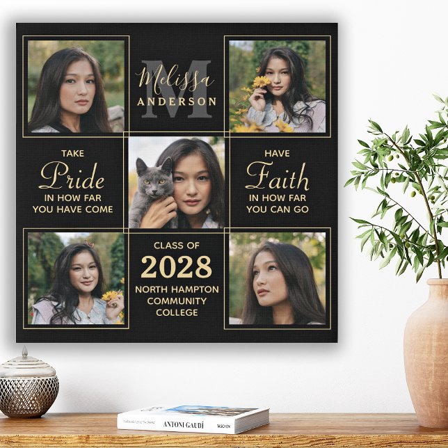 Elegant Black Gold 5 Photo Collage Graduation Faux Canvas Print (Creator Uploaded)