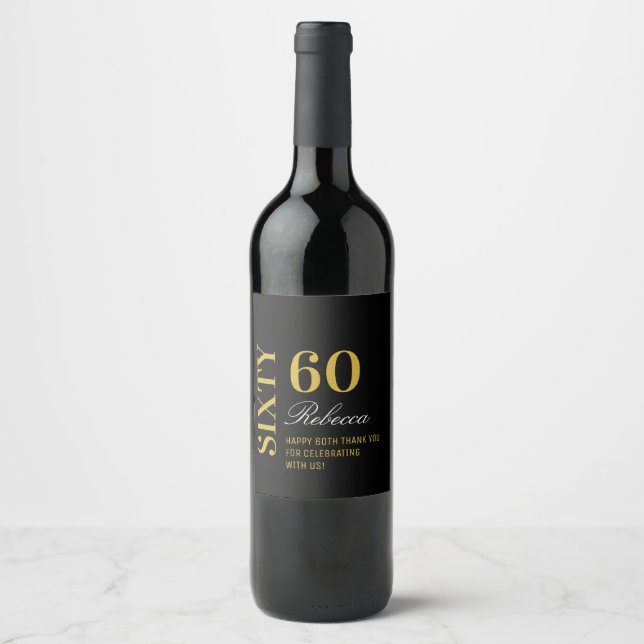 Elegant Black & Gold 60 Birthday Cocktail Party Wine Label (Front)