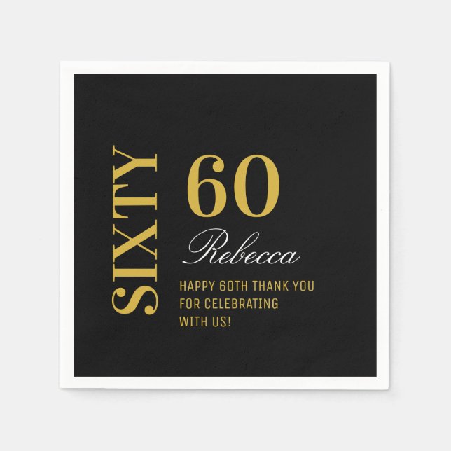 Elegant Black Gold 60 Birthday Party Cocktail  Napkins (Front)