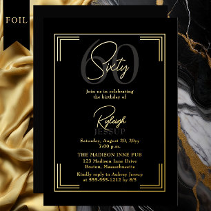 Elegant Black Gold 60th Birthday Art Deco Party Foil Invitation