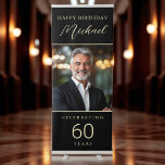 Elegant Black & Gold 60th Birthday Party Retractable Banner<br><div class="desc">Celebrate 60 in luxurious style with this elegant black and gold retractable banner. Featuring bold script typography and space for a personal touch, this design makes the perfect welcome sign, party décor, or photo backdrop. The sleek black background paired with shimmering gold accents creates a glamorous, modern look that highlights...</div>