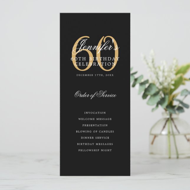 Elegant Black Gold 60th Birthday Program w/ Menu (Standing Front)