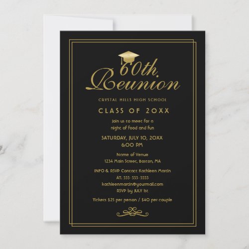 Elegant Black Gold 60th Class Reunion Invitation