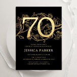 Elegant Black Gold 70th Birthday Invitation<br><div class="desc">Elegant black gold 70th birthday party invitation. Customizable modern feminine design featuring roses botanical accents and faux glitter gold. Simple floral invite card perfect for a stylish female bday celebration. Personalize with your own details. Printed Zazzle invitations or instant download digital printable template.</div>