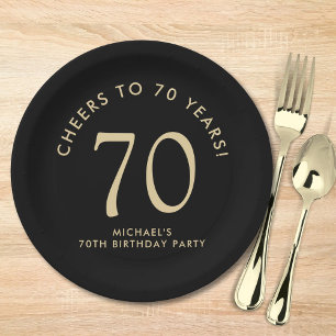 Elegant Black Gold 70th Birthday Party Paper Plates