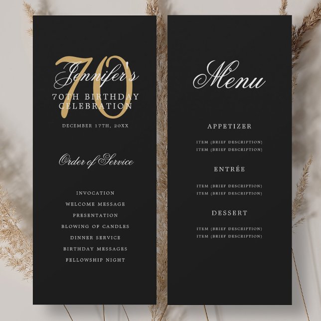Elegant Black Gold 70th Birthday Program w/ Menu (Elegant Black 70th Birthday Party Program w/ Menu)