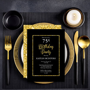 Elegant Black Gold 75th Birthday Party Invitation
