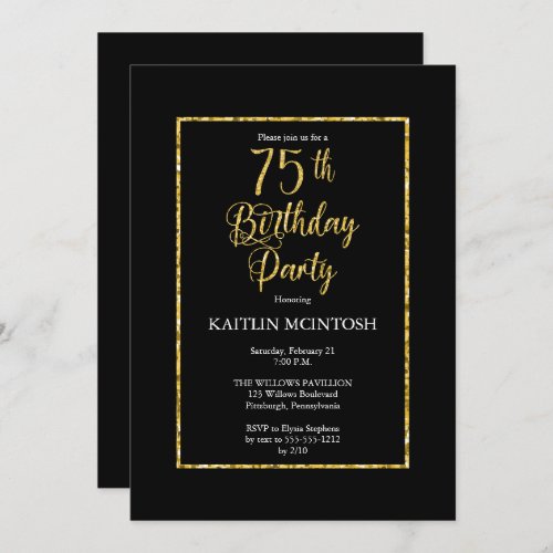 Elegant Black Gold 75th Birthday Party Invitation