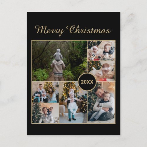 Elegant Black  Gold 7 Photo Collage Christmas Postcard