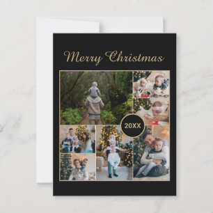 Elegant Black & Gold 7 Photo Collage Christmas Postcard