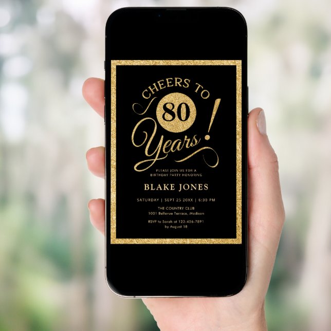 Elegant Black Gold 80th Birthday Invitation (Front Digital)